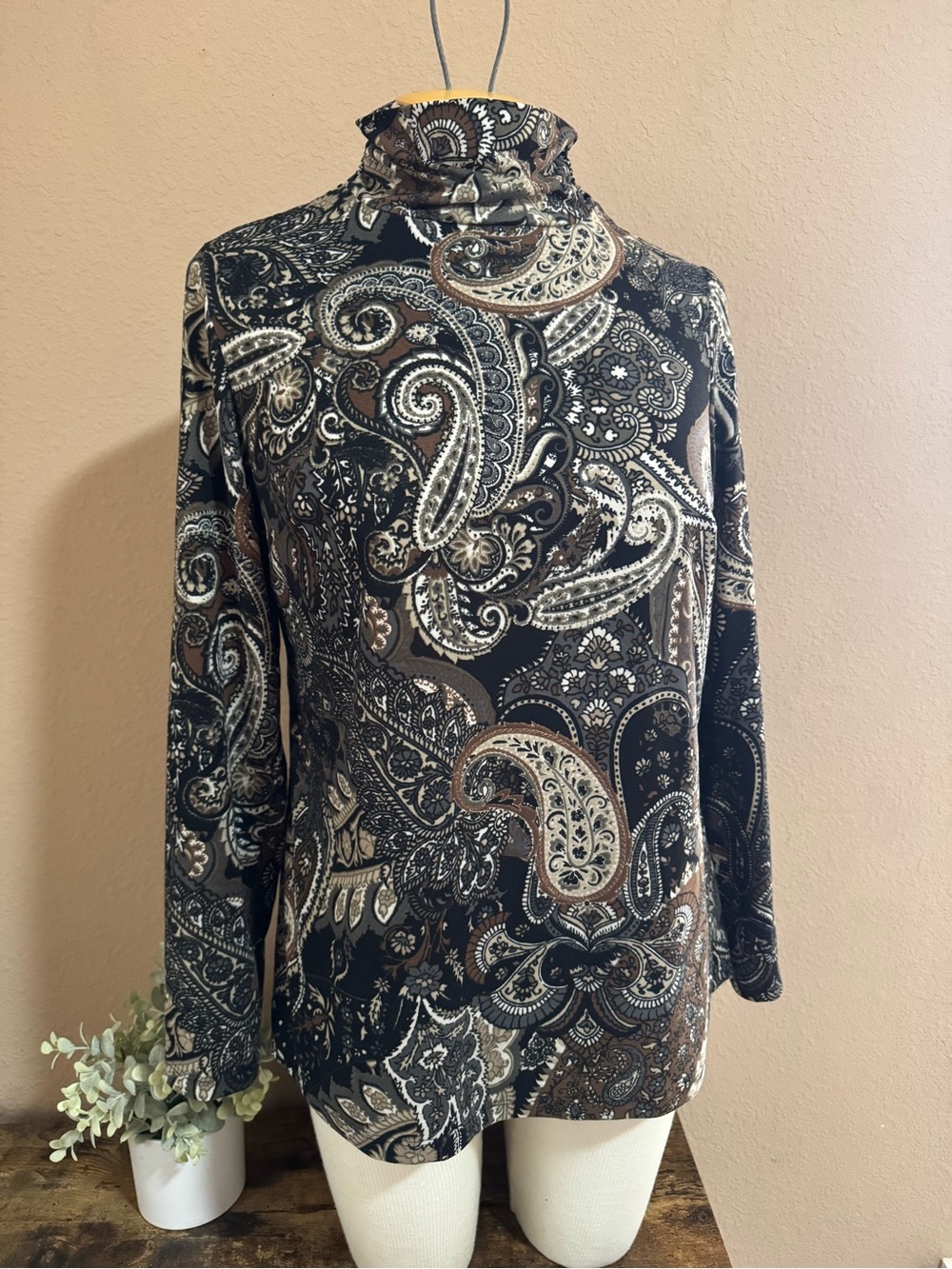 Susan Graver Black and Brown Paisley Turtleneck Long Sleeve Top QVC